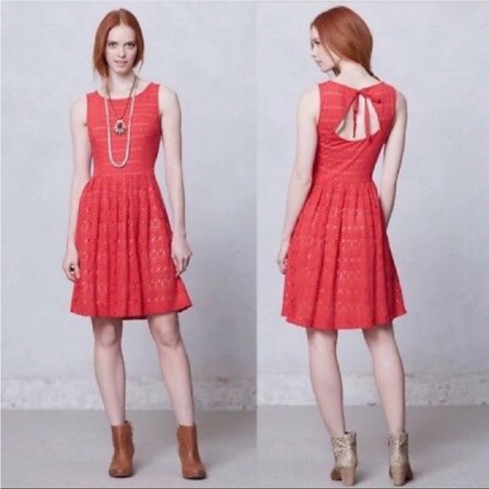 Anthropologie Coral-Red Eyelet Fit & Flare Mini Dress